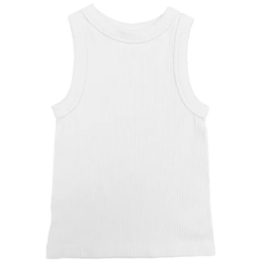 A white high neck ribbed tank top, viewed from the back.