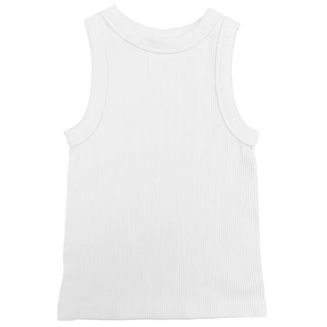 A white high neck ribbed tank top, viewed from the back.