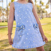 Denim blue dress with crystal hearts, and bows on pocket