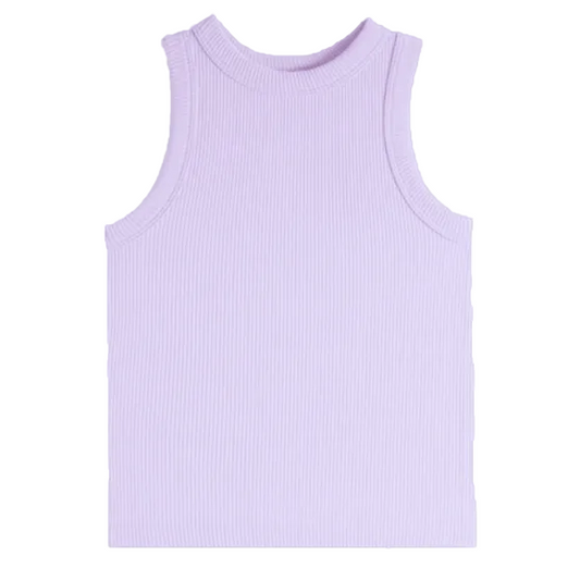 Lavender ribbed tank top on a white background