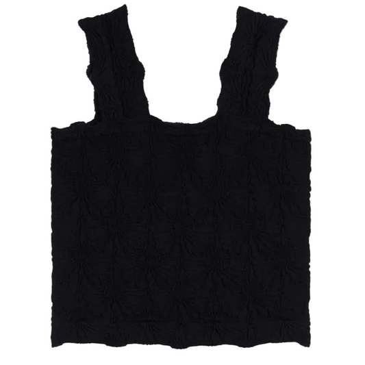 Black tank top with ruched straps on a white background
