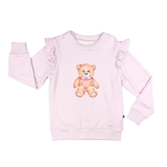 Pink sweatshirt with a teddy bear design on a white background