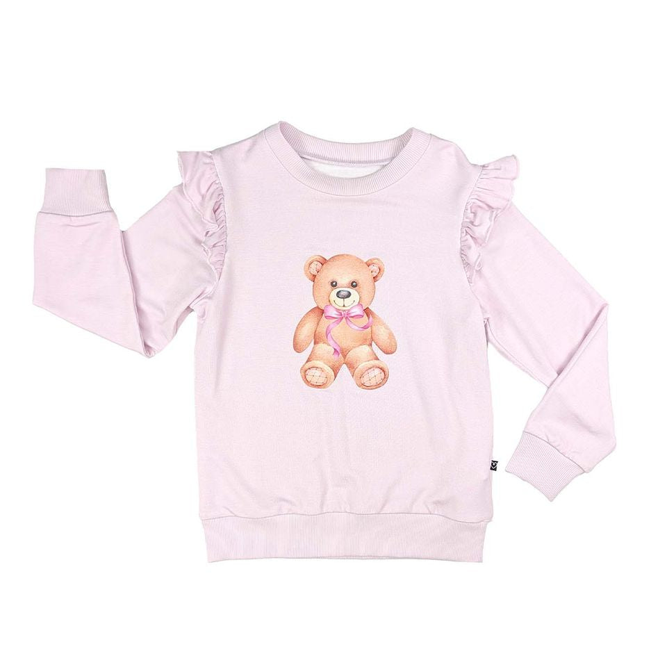 Pink sweatshirt with a teddy bear design on a white background