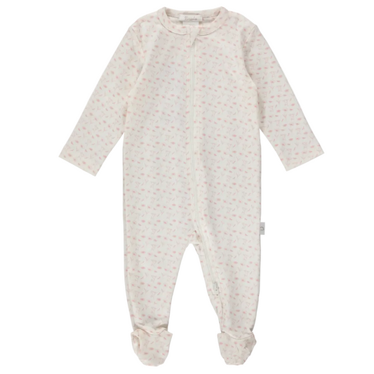 Baby footie with a subtle pattern on a white background