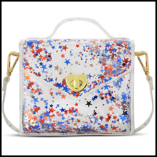 Handbag with star pattern and gold clasp on a white background