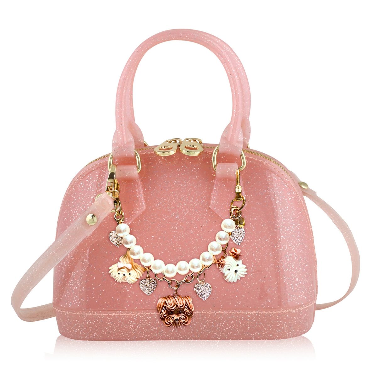 Pink handbag with a necklace featuring pearls and charms on a white background