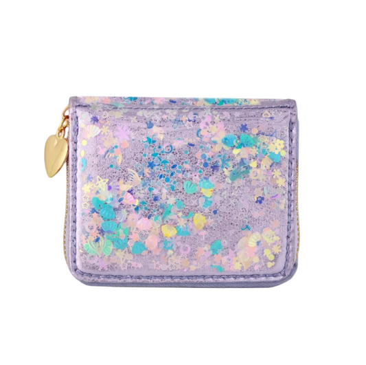 Purple wallet with colorful speckles on a white background