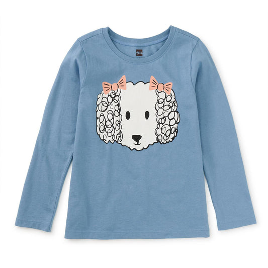 A long-sleeved blue children's shirt with a graphic of a dog wearing glasses on the front.