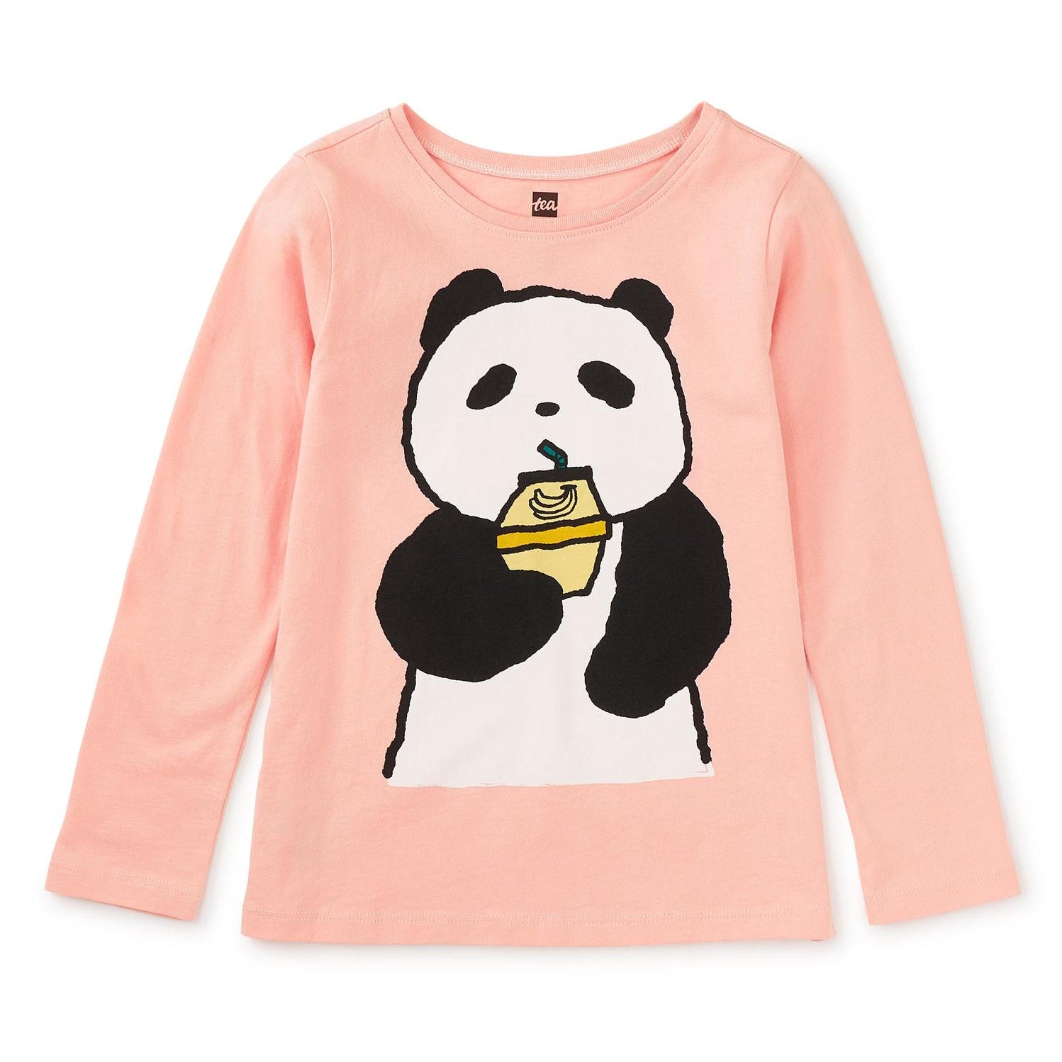 Long sleeve pink t-shirt with a graphic of a panda holding a banana in its mouth.
