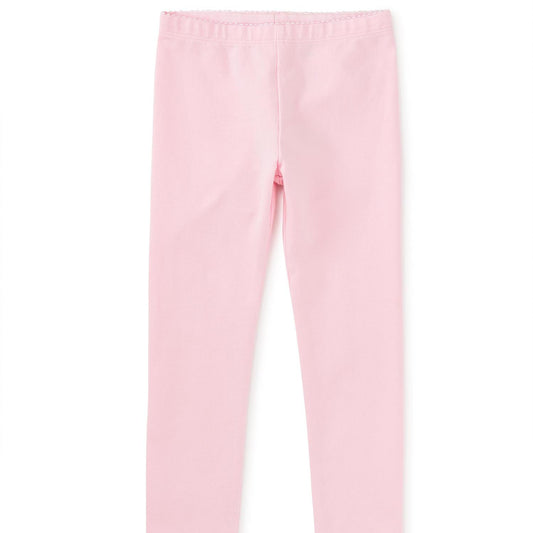 A pair of pink ankle-length leggings for girls, made from a soft blend of cotton and spandex, displayed against a plain background.