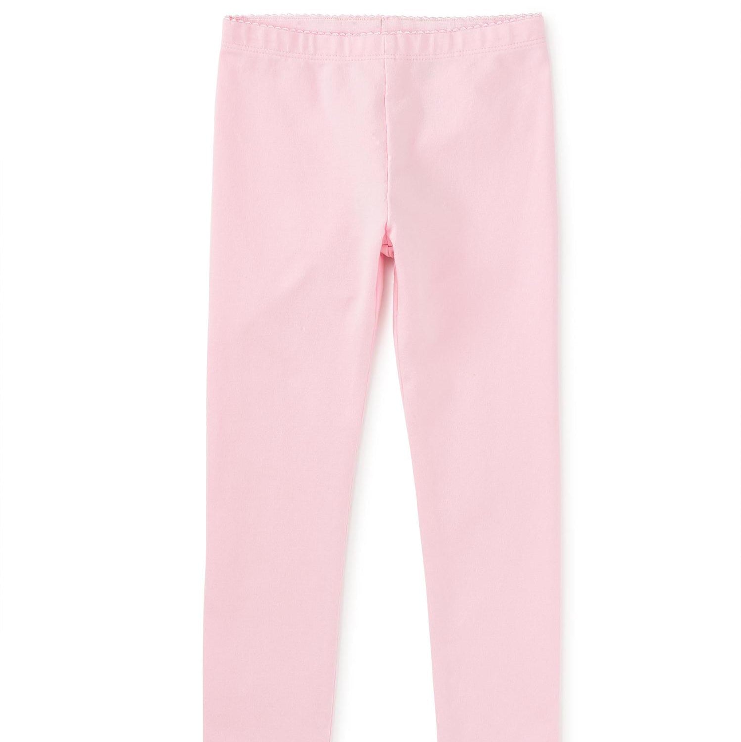 A pair of pink ankle-length leggings for girls, made from a soft blend of cotton and spandex, displayed against a plain background.