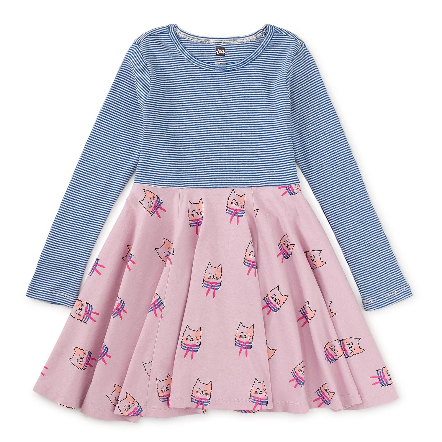 A long sleeve crew neck dress with a pink skirt featuring cat patterns and a blue top, designed for girls.