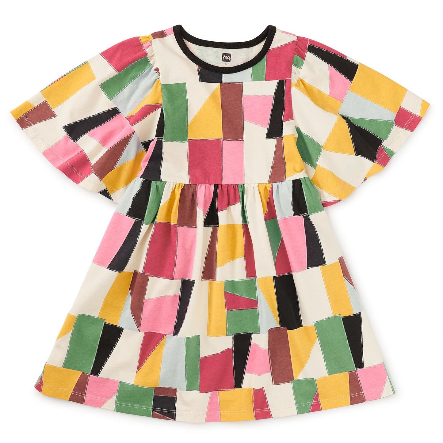 A multicolored geometric patterned dress with flutter sleeves and a round neckline.