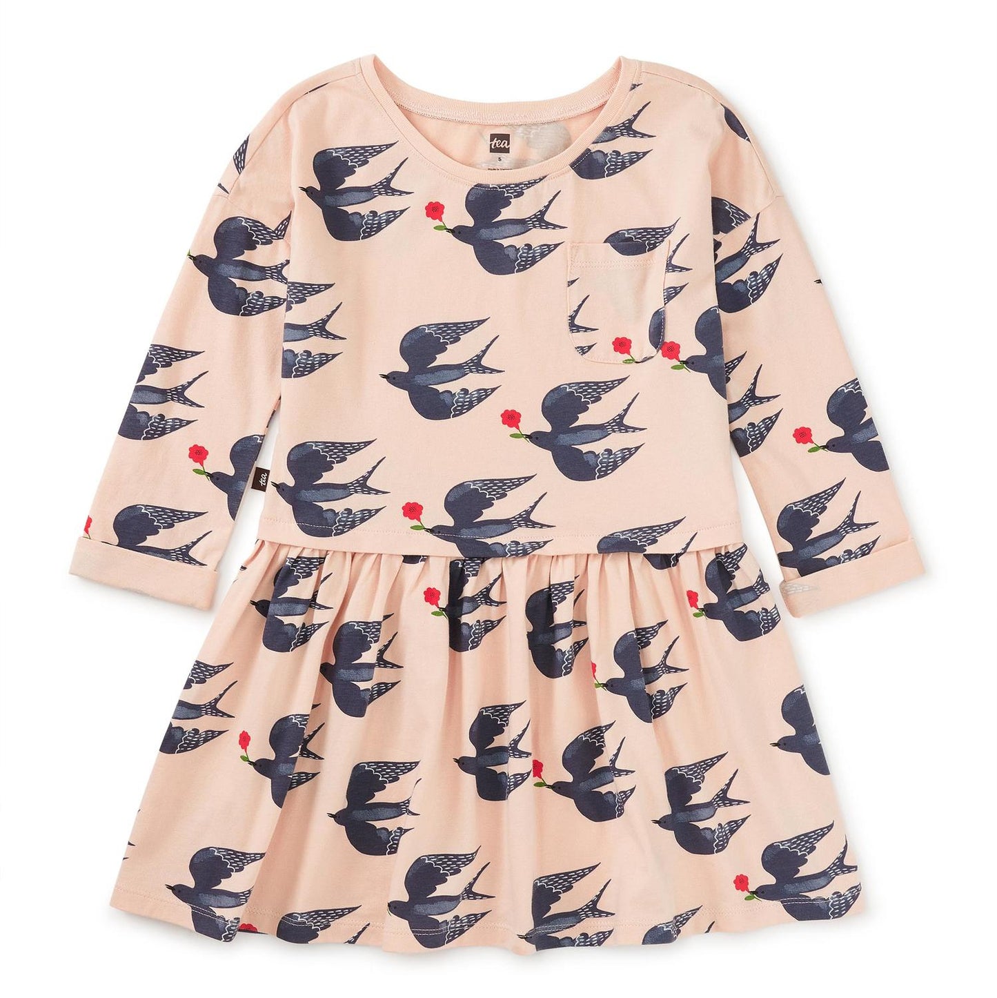 A long sleeve pink dress with a floral and bird pattern, featuring a wrap neckline and a below mid-thigh length.