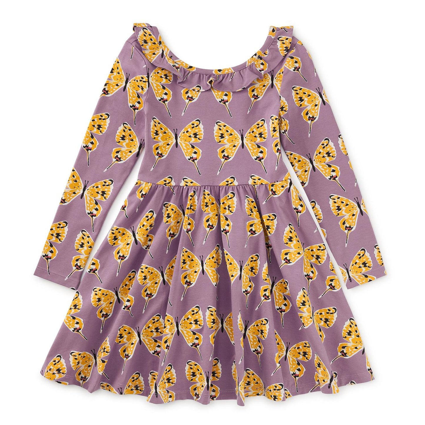 Purple ruffle butterfly print dress