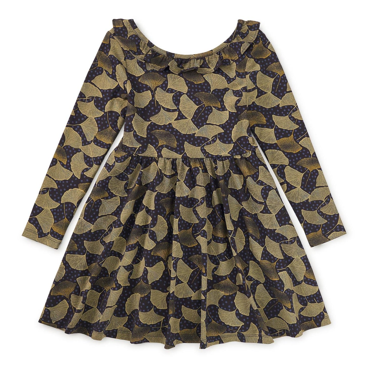 Long sleeve Ginkgo leaf dot patterned ballet dress with a ruffle neckline and a circle skirt.