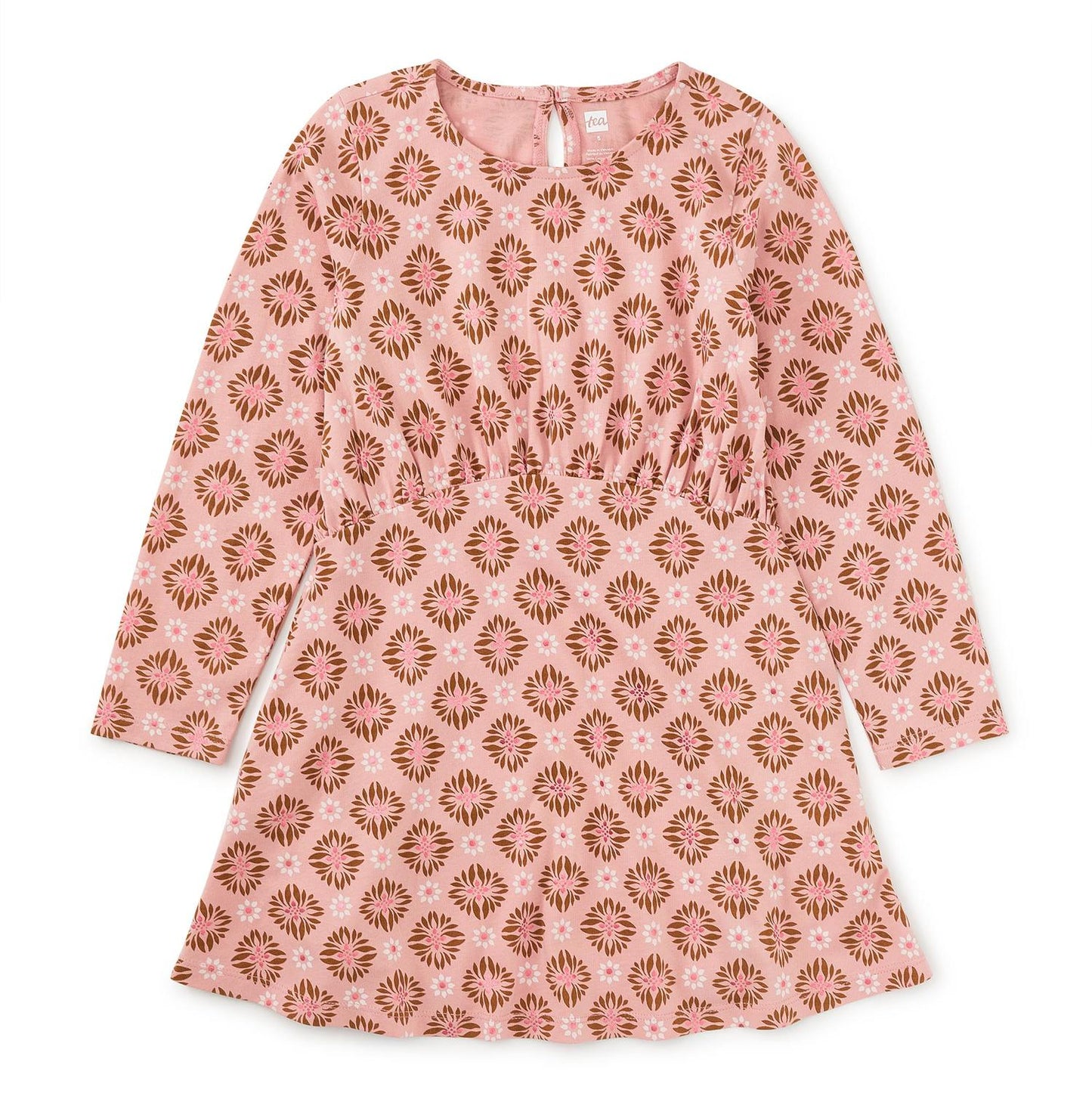 A long sleeve, pink, floral dress with a wrap neckline and a curved waist.