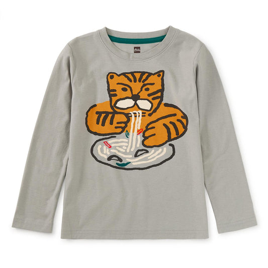 A long sleeve gray t-shirt with a colorful character eating noodles printed on the front.