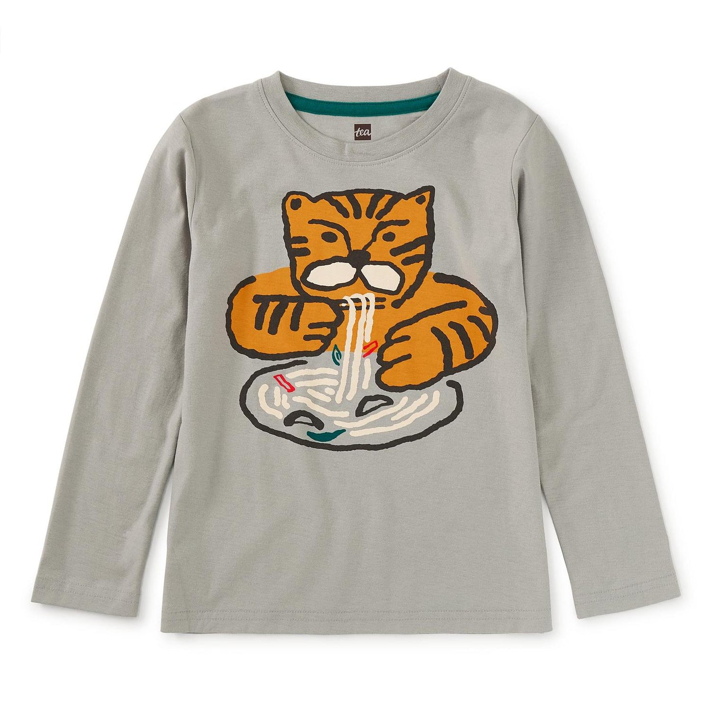 A long sleeve gray t-shirt with a colorful character eating noodles printed on the front.