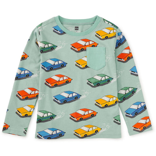 A long-sleeved green t-shirt with a chest pocket and vintage cars printed across the front.