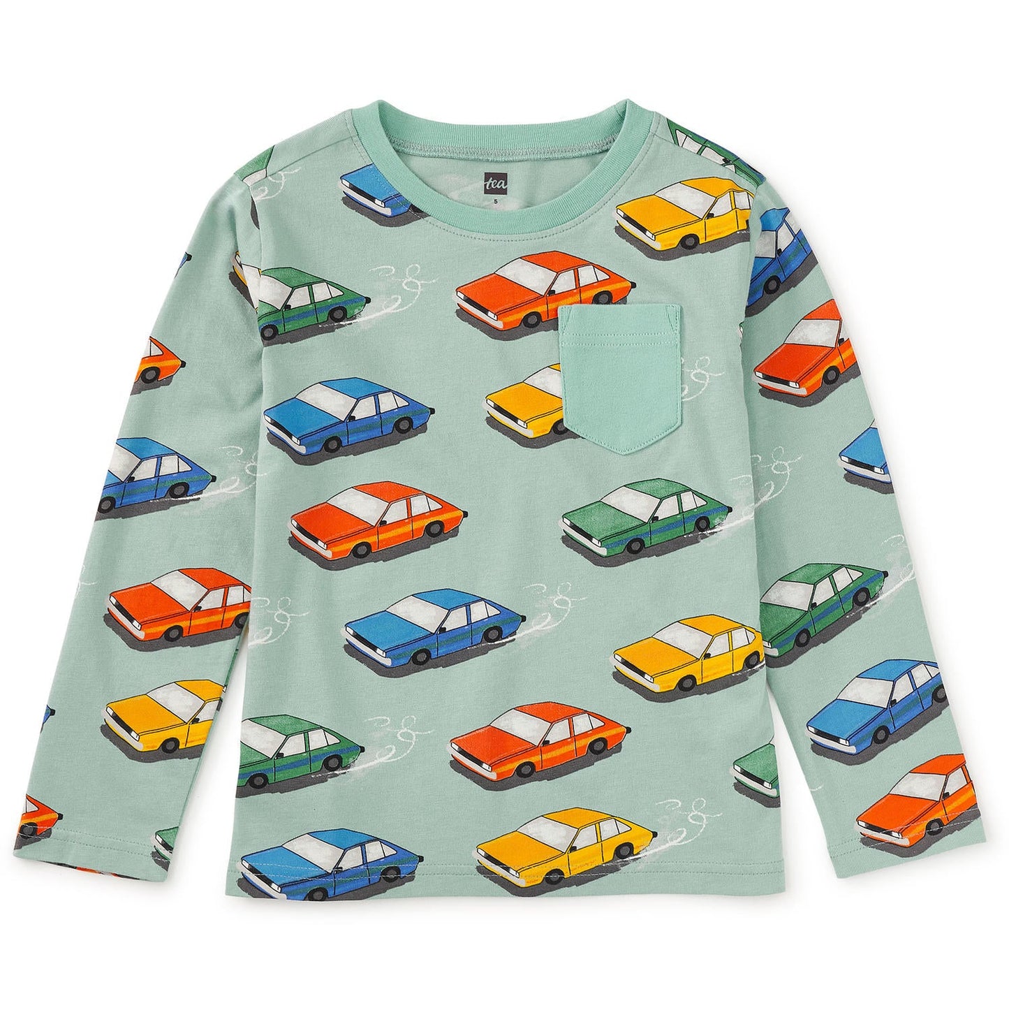 A long-sleeved green t-shirt with a chest pocket and vintage cars printed across the front.
