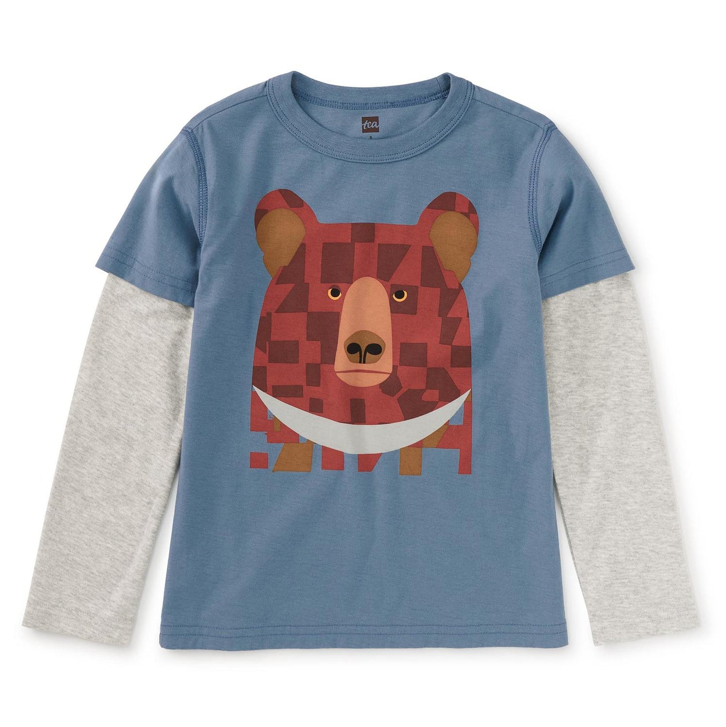 A long sleeve boy's shirt with a layered design featuring a bear's face on the front in a blue and gray color palette.