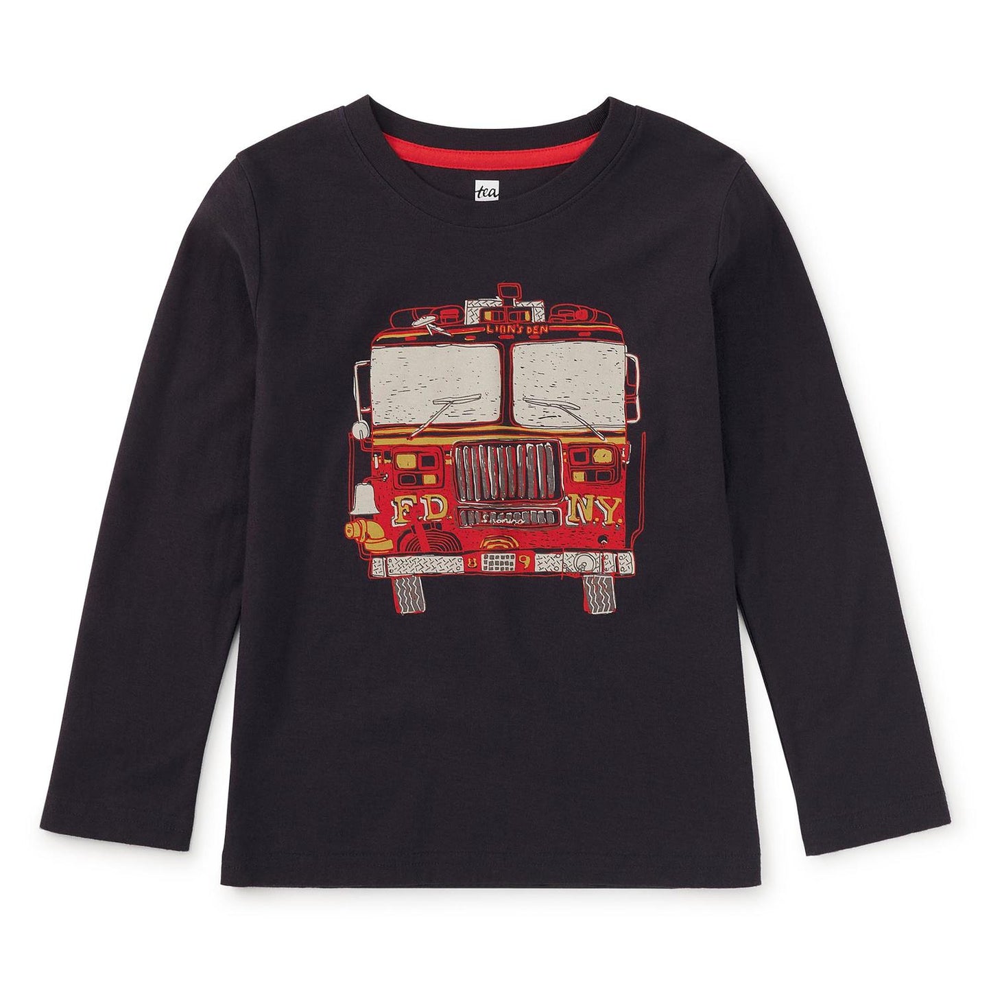 A long sleeve indigo blue t-shirt with a graphic of a red fire truck on the front.