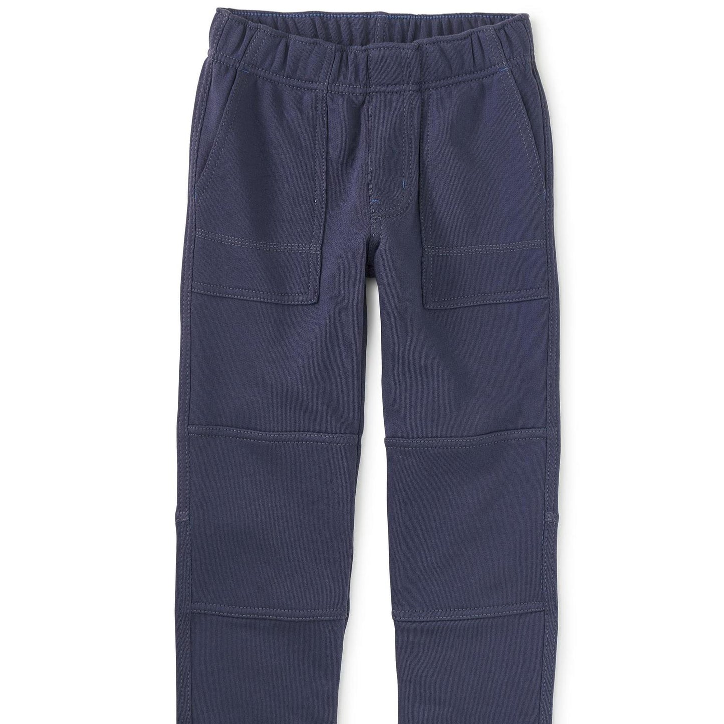 A pair of blue playwear pants for kids, featuring an elastic waistband, pockets, and reinforced knee areas.