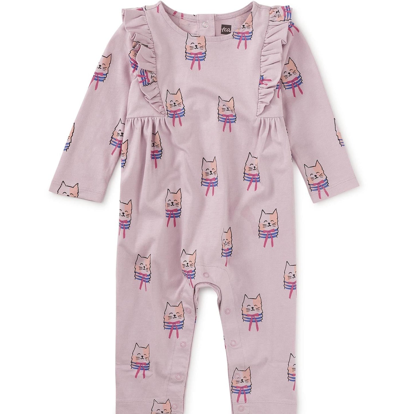 A long-sleeved pink romper with a pattern of cats wearing bow ties.