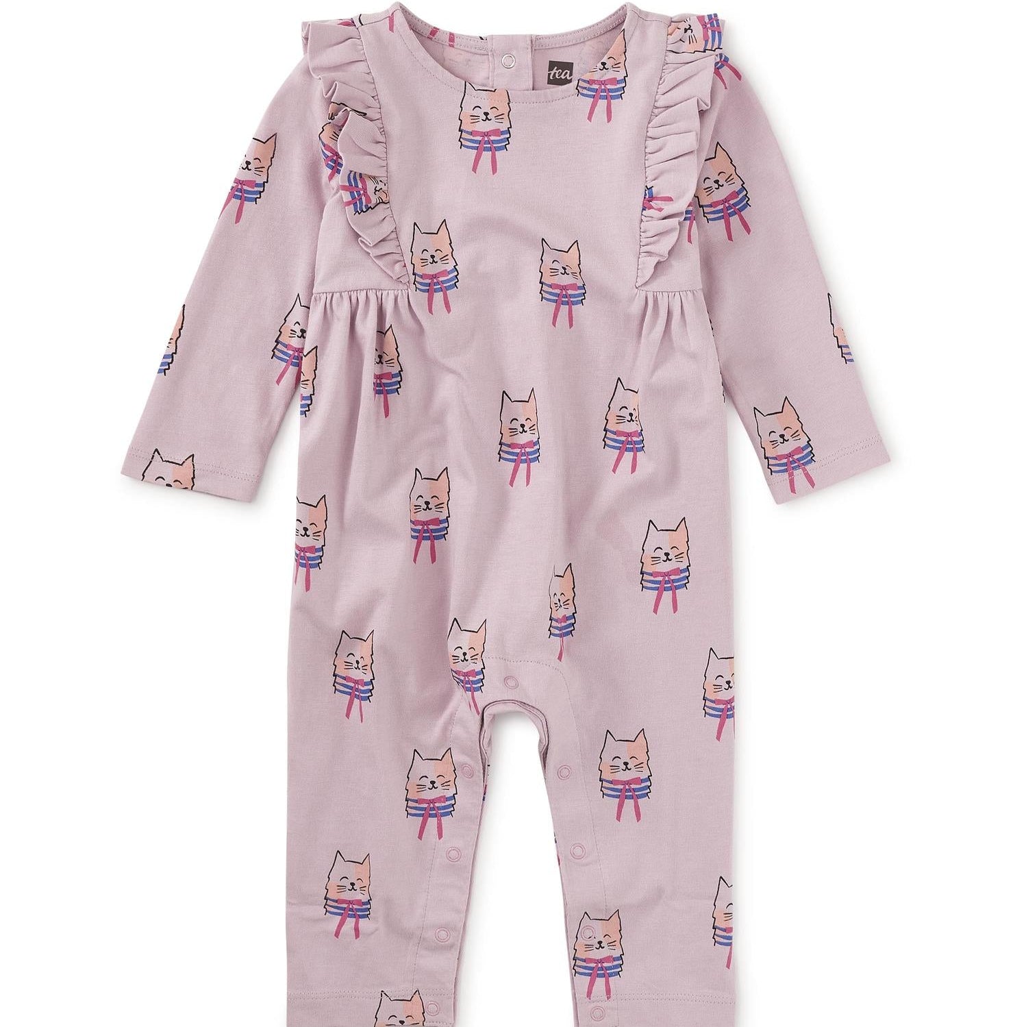 A long-sleeved pink romper with a pattern of cats wearing bow ties.