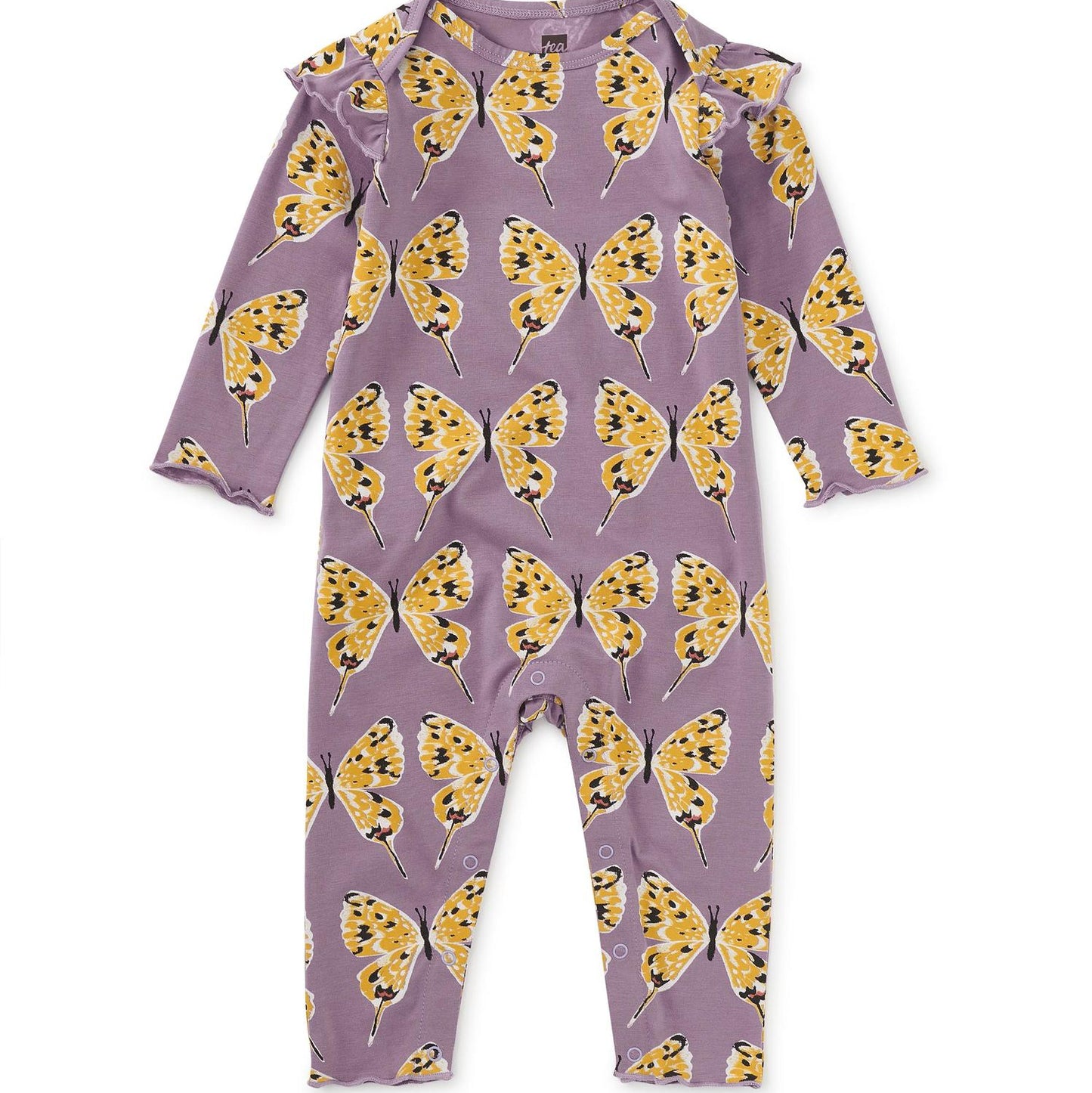 A long-sleeved purple romper with a pattern of yellow dragon butterflies, featuring an envelope neckline and snaps at the inseam.
