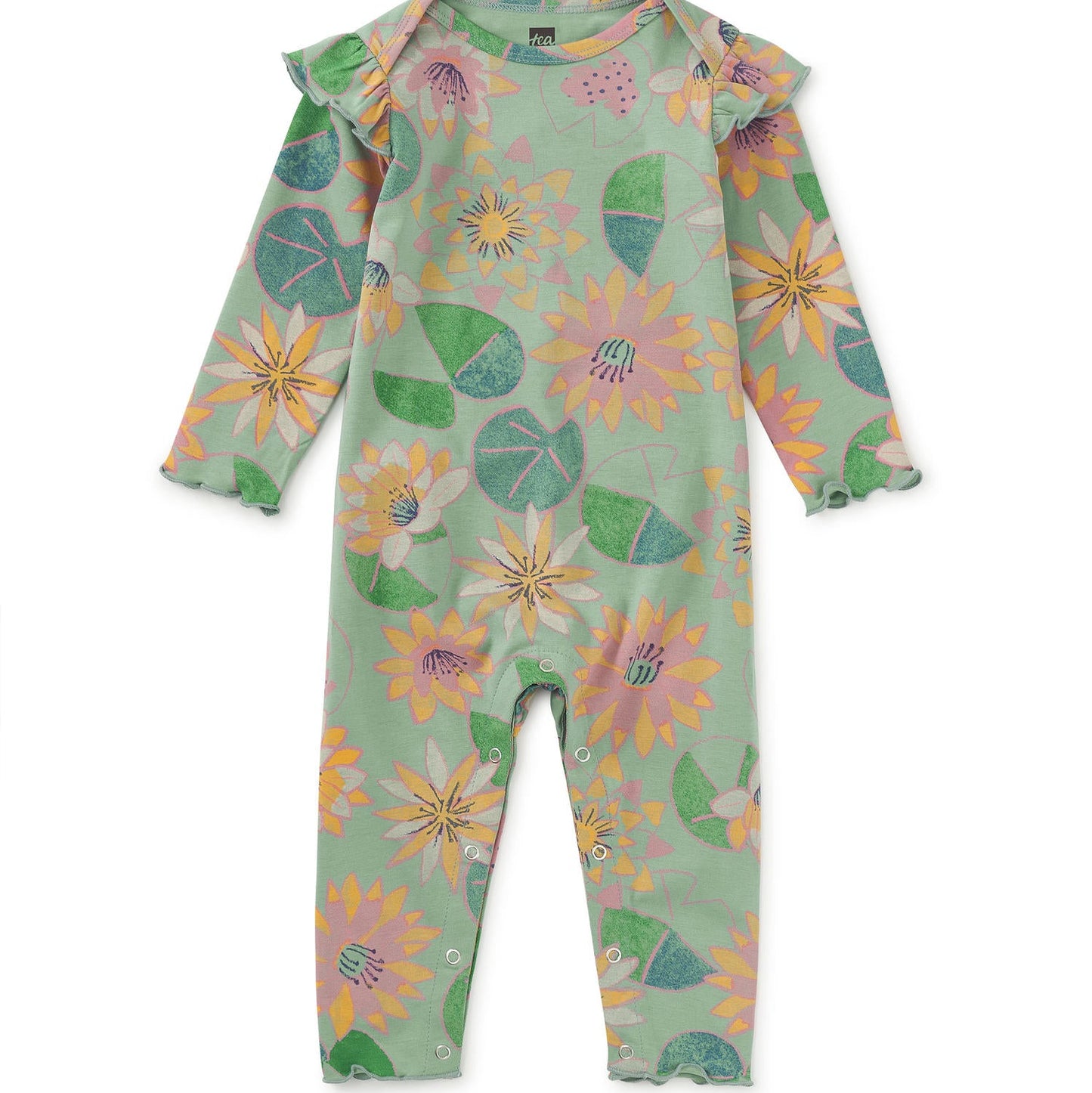 A long-sleeved green romper with water lily prints and ruffled armholes, snaps at the inseam for easy diaper changing.