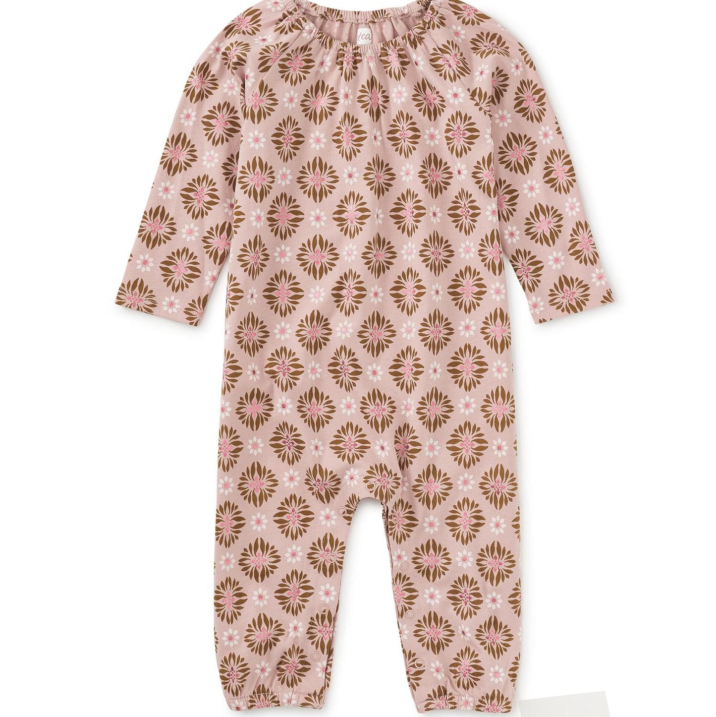 A long-sleeved pink metallic floral romper for babies.