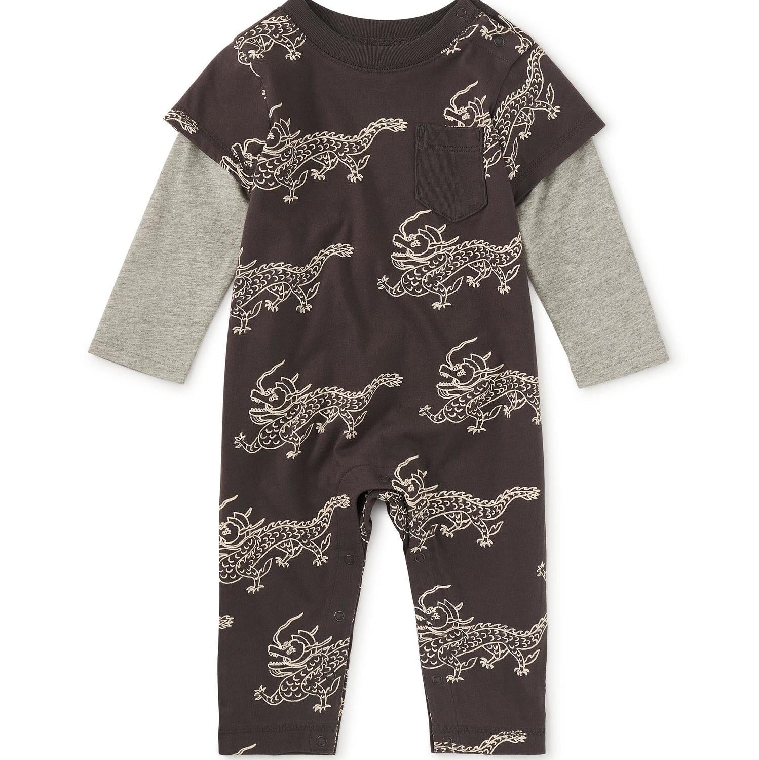 Dragon printed romper with faux layered sleeves.