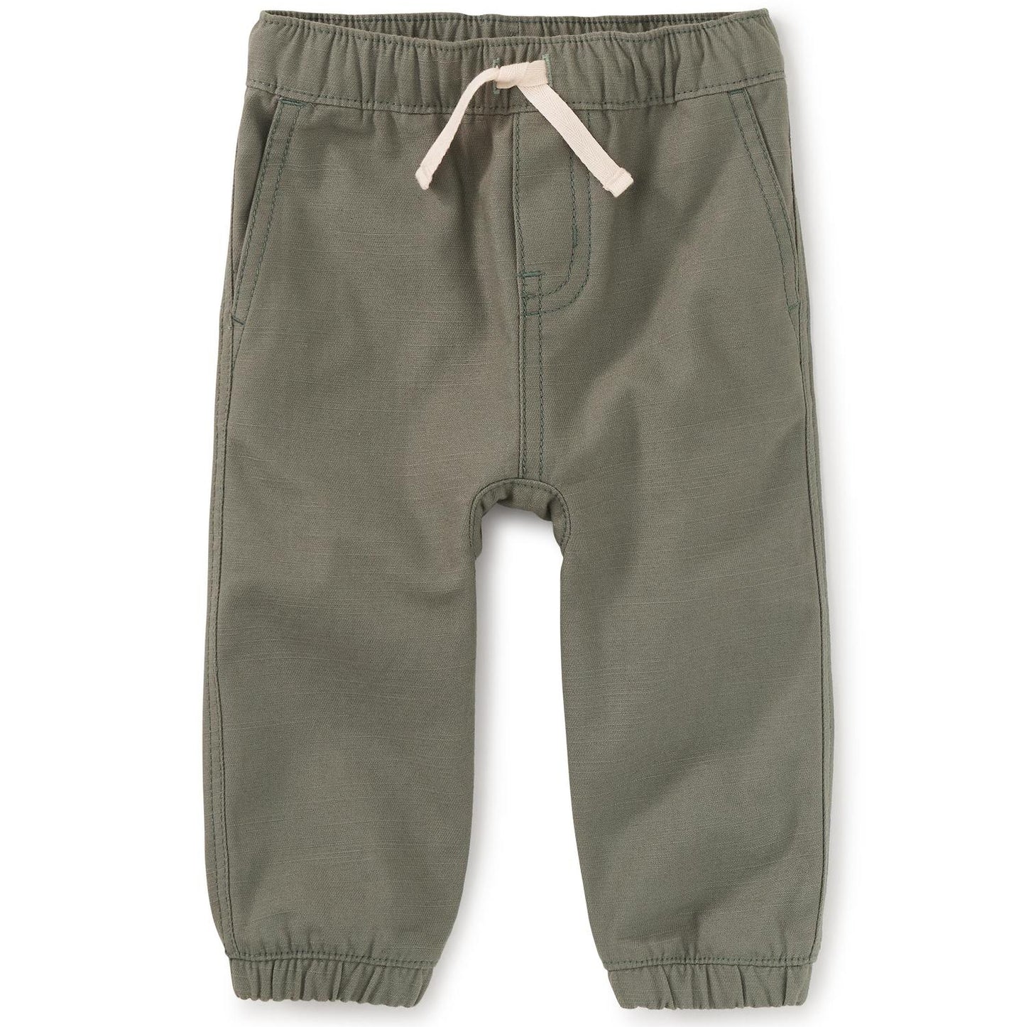 A pair of rosemary green cotton joggers for baby boys with a drawcord waist and a back patch pocket.