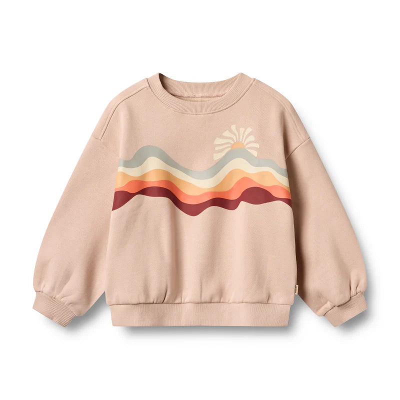 Pink sweatshirt with colorful wave design on a white background