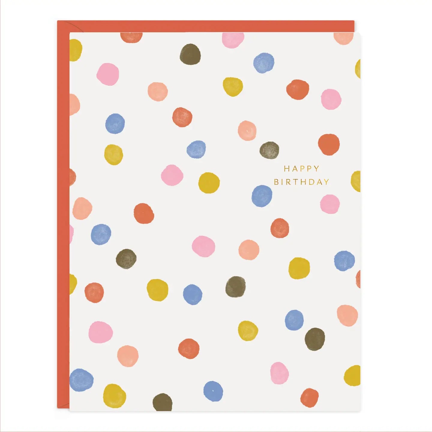 Birthday card with hand-painted colorful confetti dots, gold foil lettering