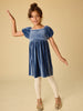 Navy Puff Sleeve Velour Dress