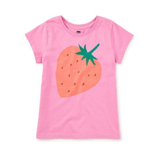 Pink t-shirt with a strawberry graphic on a white background