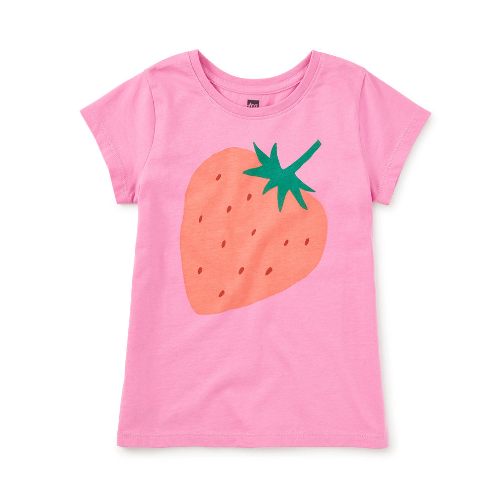 Pink t-shirt with a strawberry graphic on a white background