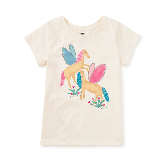 Cream t-shirt with a colorful unicorn design on a white background