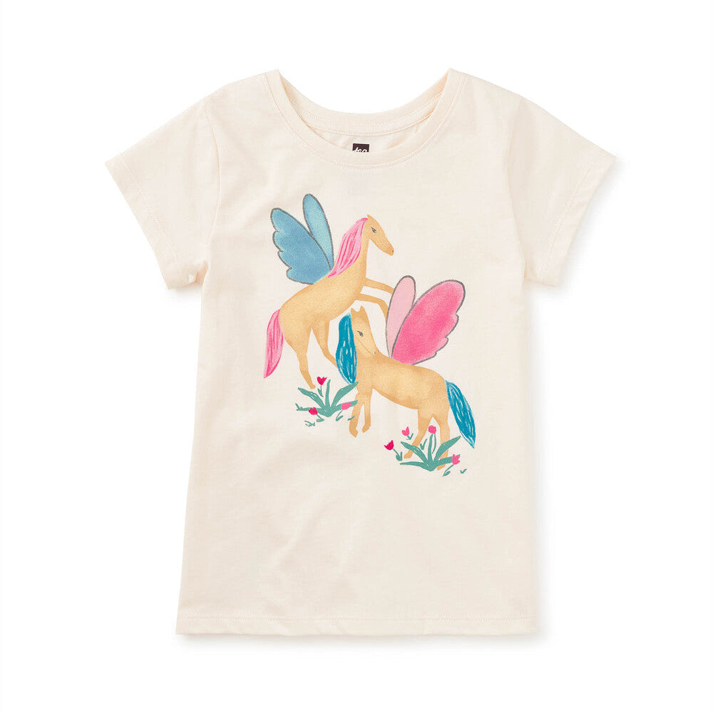 Cream t-shirt with a colorful unicorn design on a white background