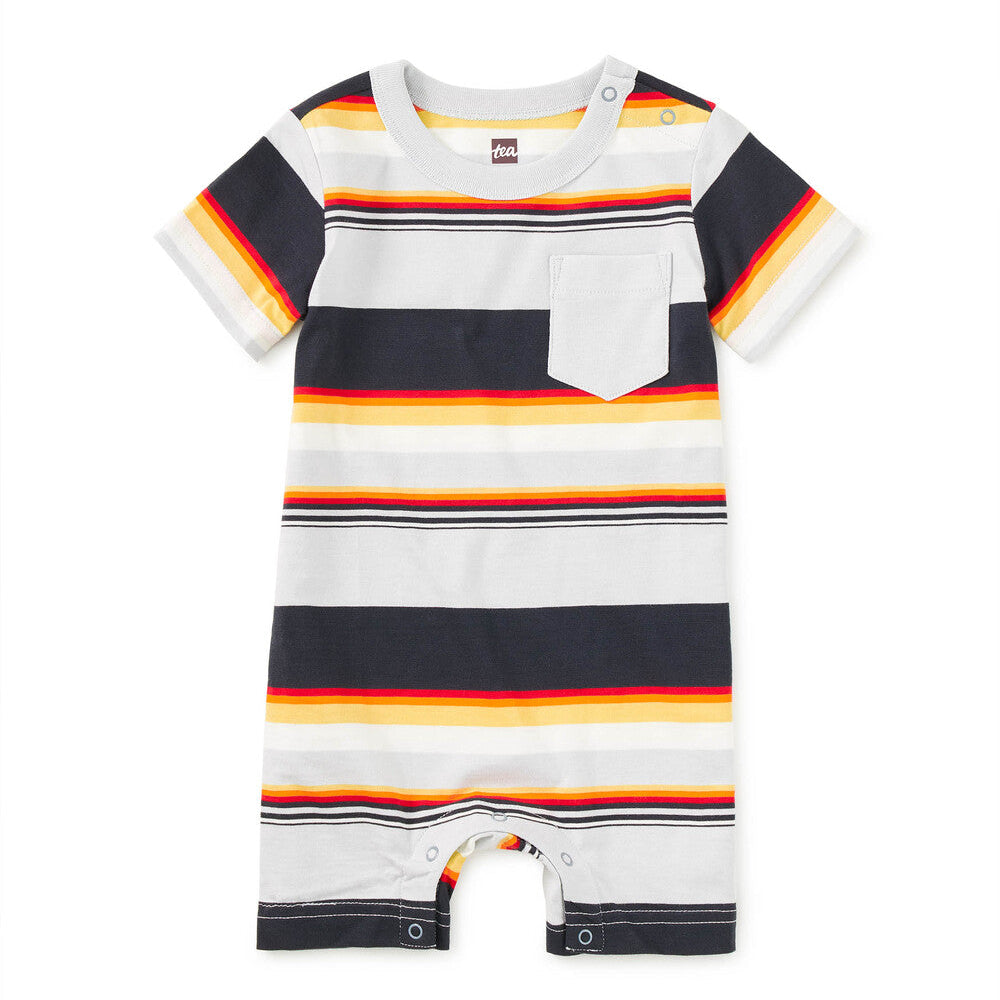 Striped baby romper with colorful pattern on a white background
