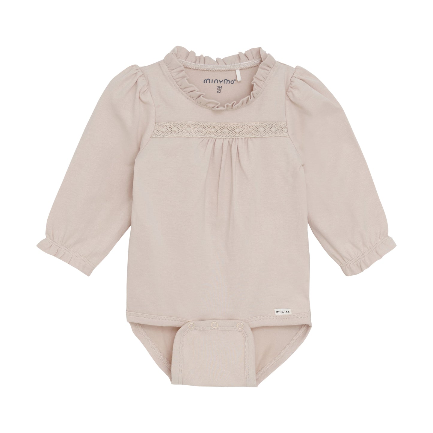 Beige baby bodysuit with ruffled collar on a white background