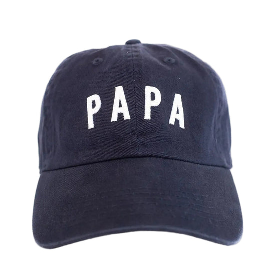 Navy blue cap with 'PAPA' printed in white on a white background