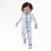 Baby wearing Angel Dear Besties Dogs Flip Romper in blue, lifestyle photo