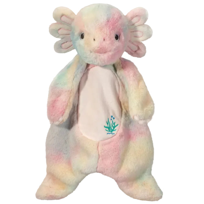 Pastel-colored plush toy with a white belly featuring a green logo on a white background