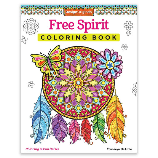 Coloring book cover with a colorful design featuring a dreamcatcher, butterfly, and flowers on a white background.