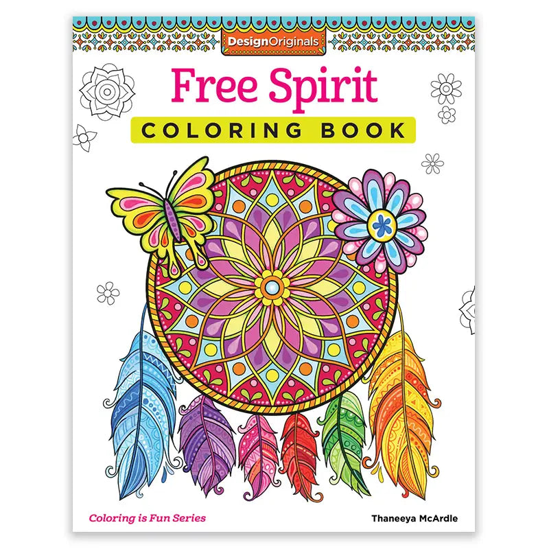 Coloring book cover with a colorful design featuring a dreamcatcher, butterfly, and flowers on a white background.