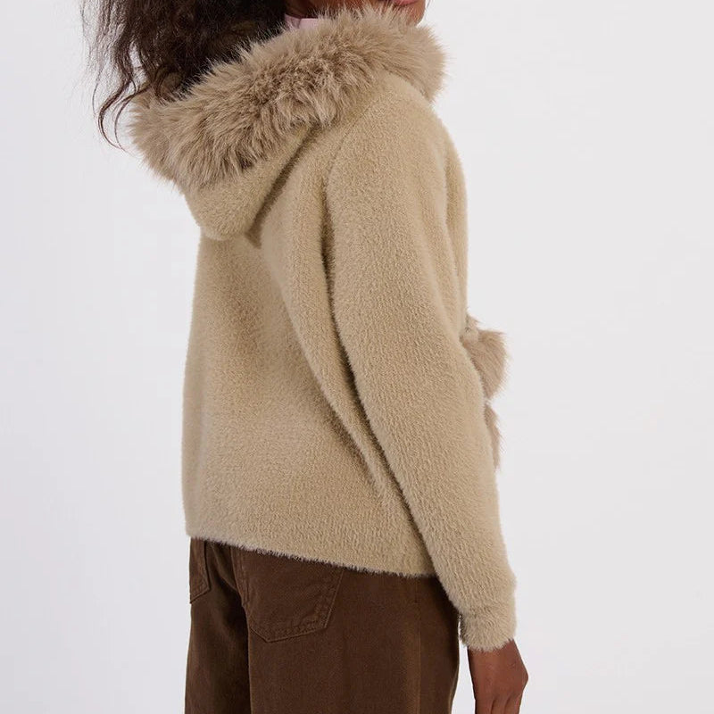 Faux Fur Beige Cardigan